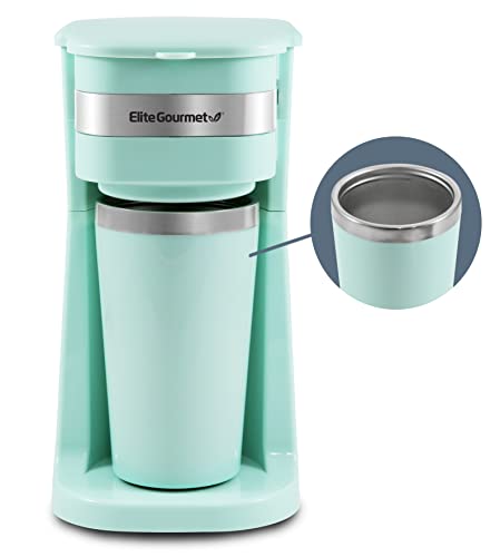 Elite Gourmet EHC117M single-serve coffee maker in mint color, featuring a 14oz thermal travel mug with stainless steel interior and a reusable filter, ideal for quick and convenient coffee brewing.