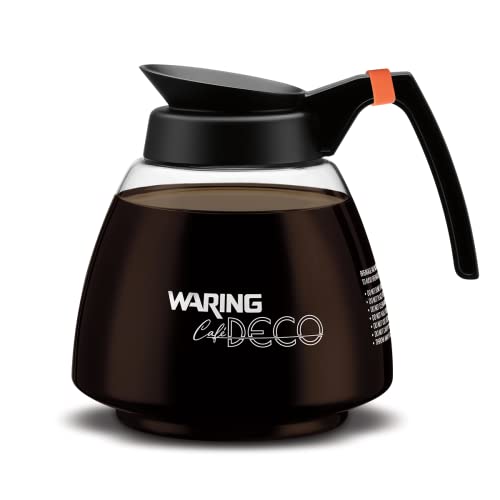 Waring Commercial Glass Coffee Decanter with an ergonomic black handle and orange decaf ring, holding 64 ounces of coffee or water, featuring a sleek design and durable glass construction