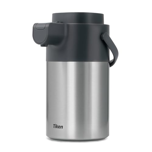 102oz stainless steel coffee dispenser with pump, featuring a wide mouth for easy filling and a removable lid, designed for keeping beverages hot or cold.