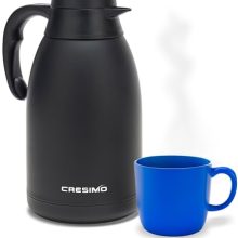 68 Oz black stainless steel thermal carafe with vacuum insulation for 12 hours hot and 24 hours cold beverages. Features a large mouth opening, leak-proof lid, and one-hand pouring capability. Ideal for home, office, or travel use.