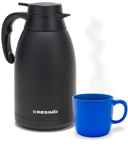 68 Oz black stainless steel thermal carafe with vacuum insulation for 12 hours hot and 24 hours cold beverages. Features a large mouth opening, leak-proof lid, and one-hand pouring capability. Ideal for home, office, or travel use.