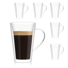 Set of six clear double-walled glass coffee mugs, 13.5oz, featuring a sleek design and ergonomic handles, perfect for hot and cold beverages.