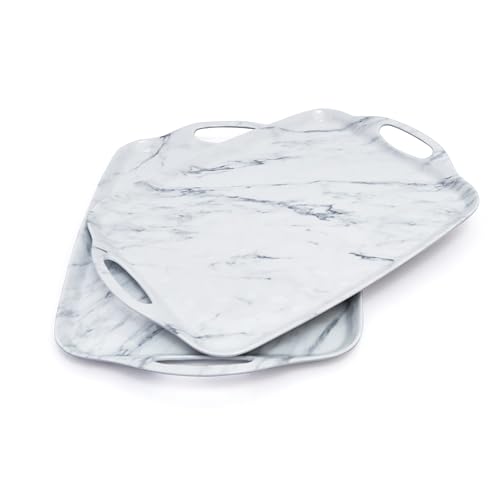 Large Marble Melamine Serving Trays with Handles - Elegant Rectangular Platter Set of 2, Ideal for Serving Food at Gatherings, Picnics, and Outdoor Events