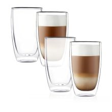 CnGlass Double Wall Thermo Glass Coffee Cups – 13.5 oz clear insulated mugs for latte, cappuccino, tea, and milk, set of 4 with elegant gift packaging