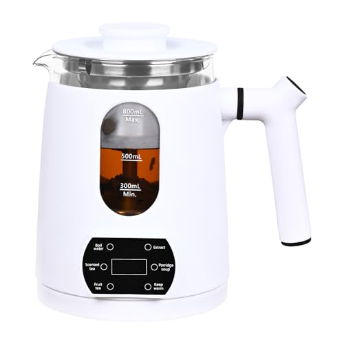 Electric hot tea maker with glass and stainless steel design, featuring temperature control, six brewing functions, and a 0.8L capacity, perfect for home or office use.