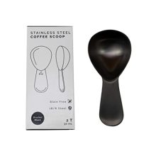 Stainless steel coffee scoop with ergonomic thumb grip, 2 tablespoon capacity, designed to fit inside Airscape canisters.