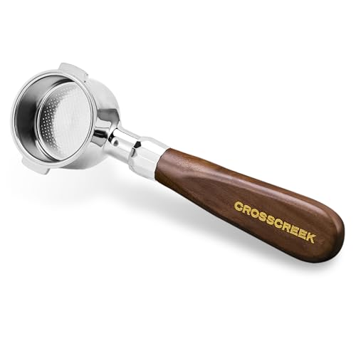 CrossCreek 51mm Bottomless Portafilter with ergonomic walnut handle and stainless steel filter basket, compatible with De’Longhi espresso machines