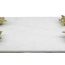 Elegant rectangular marble serving tray with gold-tone handles, perfect for home decor, serving, or organizing items on a coffee table.