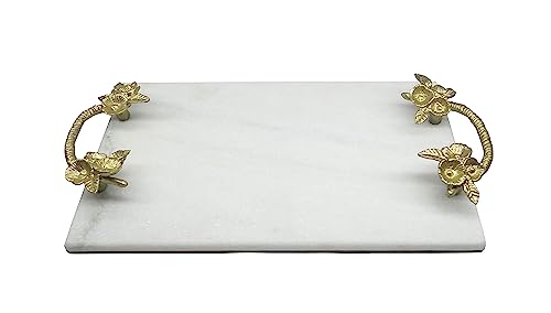 Elegant rectangular marble serving tray with gold-tone handles, perfect for home decor, serving, or organizing items on a coffee table.