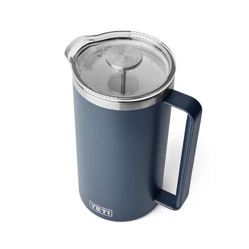 YETI Rambler 64 oz. French Press in navy with GroundsControl Filter, showcasing its stainless steel construction and double-wall vacuum insulation