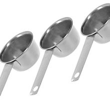 3-Piece Alazco Stainless Steel Coffee Measuring Scoop Set, each with a 1/8 cup capacity. Ideal for precise measurements of coffee, cocoa, tea, flour, and other ingredients