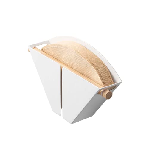 Magnetic Coffee Filter Holder featuring a sleek stainless steel body and natural wood top, designed to stick to metal surfaces and keep coffee filters organized, set against a modern kitchen backdrop.