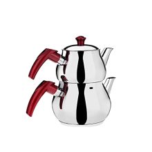 DESTALYA Stainless Steel Turkish Teapot Set with Red Handles, Samovar Style Double Tea Pot for Stove Top Use, Perfect for Loose Leaf Tea Brewing