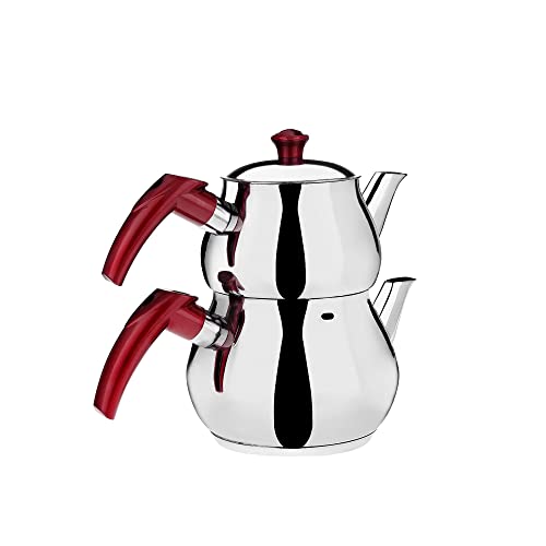 DESTALYA Stainless Steel Turkish Teapot Set with Red Handles, Samovar Style Double Tea Pot for Stove Top Use, Perfect for Loose Leaf Tea Brewing