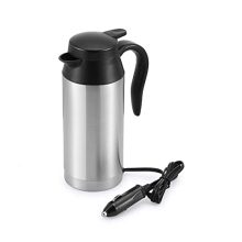 Stainless steel 650ml car kettle boiler with DC 12V charger, designed for travel with anti-leak lid and anti-slip base, suitable for heating coffee, tea, and soup