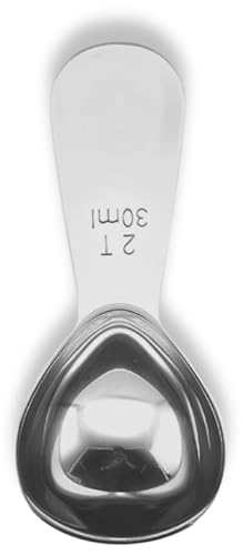 Durable 2-tablespoon stainless steel coffee scoop with a short handle and clear measurement markings, designed for accurate coffee and ingredient measurement.