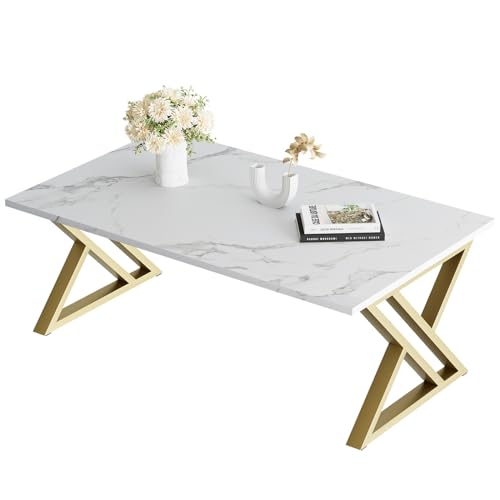 Wolawu Coffee Table with white faux marble top and gold metal frame