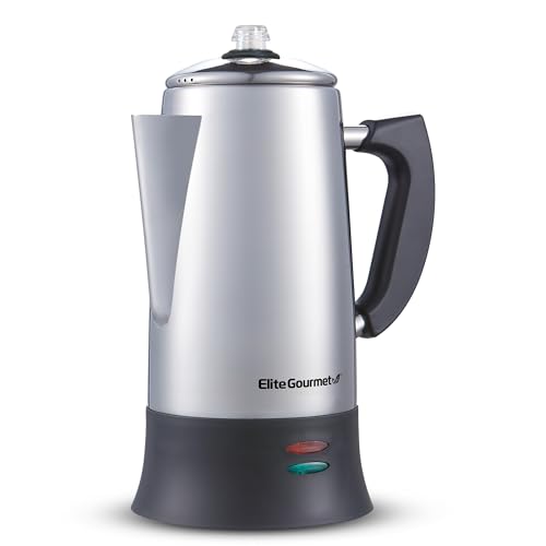 Elite Gourmet EC923 Electric Coffee Percolator in stainless steel, with a 12-cup capacity, cool-touch handle, and removable cord. Features include a clear brew progress knob, keep warm function, and dishwasher-safe parts for easy cleaning