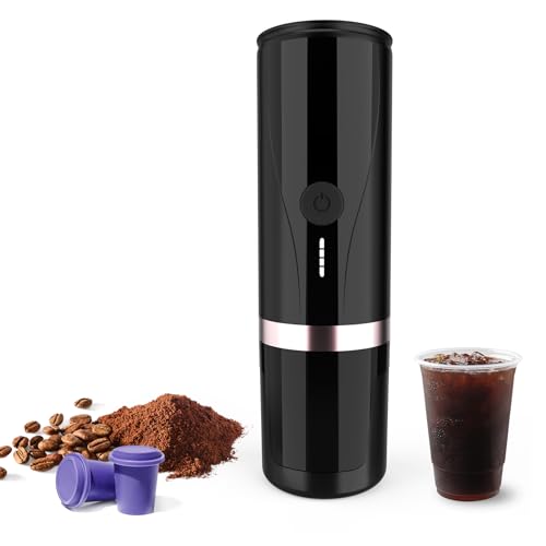 Portable self-heating espresso machine with a 20-bar pressure system, compact design, and rechargeable battery. Ideal for travel, camping, and office use.