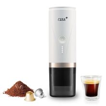 Compact and sleek CERA+ Portable Electric Espresso Machine in white, ideal for travel and outdoor use. 