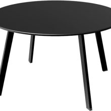 Round steel patio coffee table with a black powder-coated frame, weather-resistant design, and sleek modern appearance