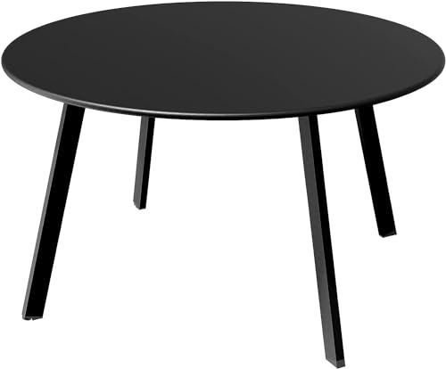 Round steel patio coffee table with a black powder-coated frame, weather-resistant design, and sleek modern appearance