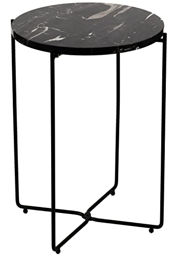 Metal Round Side End Table with Real Natural Marble Top and Black Metal Frame, 14.56 inches in diameter and 19.5 inches in height, perfect for living rooms, bedrooms, and small spaces