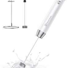 Rechargeable handheld milk frother with detachable stainless steel whisk and a sleek storage stand, perfect for frothing lattes and mixing protein shakes.