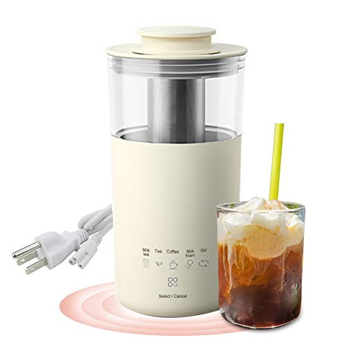 5-in-1 portable electric kettle with stainless steel filter, borosilicate glass carafe, and auto-stir feature, designed for making coffee, tea, milk foam, and more.