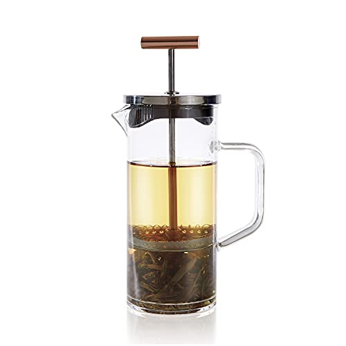 Teabloom Tea Press with Copper Handle and Stainless Steel Filter - 12-Ounce Clear Glass Tea Maker for Loose Leaf Tea