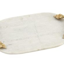 Deco 79 White Marble Oval Tray with Gold Twisted Leaf Handles - Luxurious 20'' Serving and Display Tray