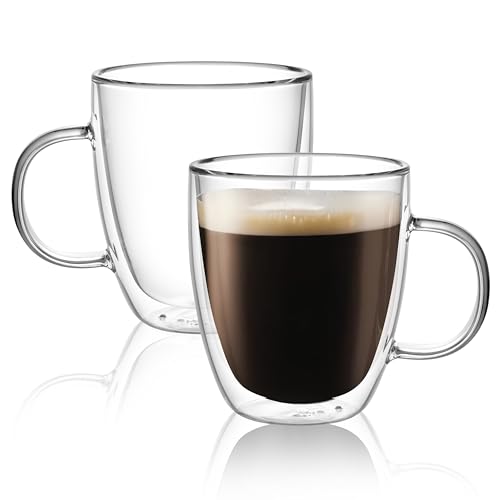 Set of 2 Large 17oz Double Wall Glass Coffee Mugs with Handle - Insulated Design for Hot and Cold Beverages 