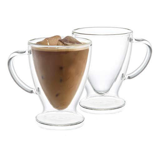 Set of 2 Declan Irish double wall insulated glass coffee cups, each with a 10-ounce capacity, featuring heat-resistant borosilicate glass and an elegant design. Ideal for hot and cold beverages, with a unique optical effect and prevention of condensation.