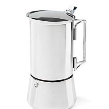 GSI Outdoors 6-Cup Stainless Steel Moka Pot with foldable wire handles and heat-resistant design.