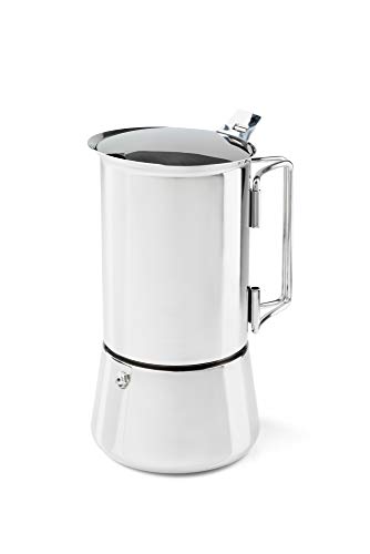 GSI Outdoors 6-Cup Stainless Steel Moka Pot with foldable wire handles and heat-resistant design.