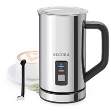 Secura Electric Milk Frother with stainless steel exterior and detachable base, designed for hot and cold frothing, with a 16.9oz capacity for creating creamy lattes and cappuccinos.