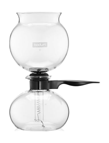 34 oz PEBO Vacuum Coffee Maker with high-heat borosilicate glass construction, featuring a sleek black design. The coffee maker uses a vacuum brewing method to extract maximum flavor and aroma, making up to 8 cups of coffee. Elegant and functional for any kitchen.