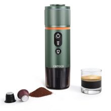 Portable Forest Green Espresso Maker, brewing espresso with a self-heating function and compatible with Nespresso capsules, ideal for travel or camping use.