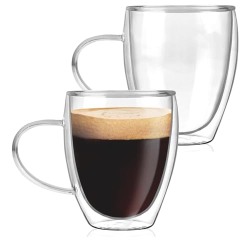 Set of two 12oz HXIZMY double-walled clear glass coffee mugs with ergonomic handles, designed to keep beverages hot or cold while remaining comfortable to hold