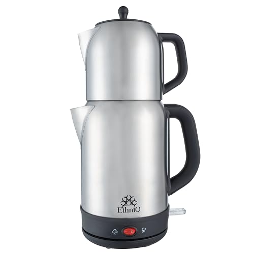 EthniQ Electric Turkish Tea Maker with Stainless Steel Kettle and Glass Teapot, featuring a 2-in-1 design with a removable infuser and keep warm function.