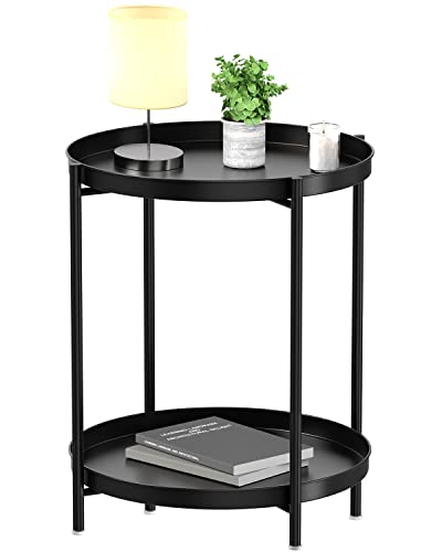 2-Tier Black Metal End Table with Removable Trays - Ideal for Indoor and Outdoor Use in Living Rooms, Bedrooms, and Patios