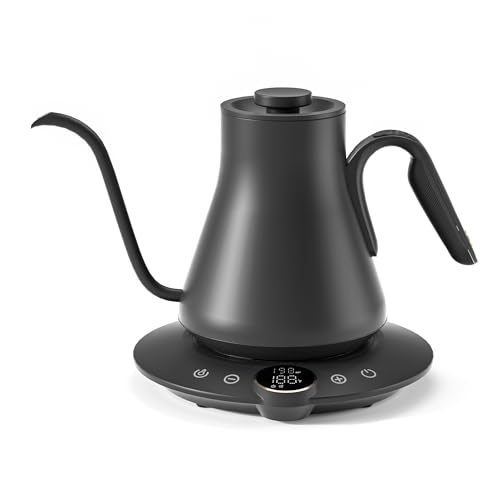 Dark grey gooseneck electric kettle with precision temperature control and retro design, featuring a stainless steel body and LCD display, perfect for brewing coffee and tea.