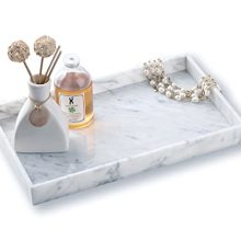 PHINILUX Italian Carrara Marble Vanity Tray with gold edges, 12x7 inches. Ideal for bathroom, kitchen, and coffee table use, featuring a sleek design for organizing and serving