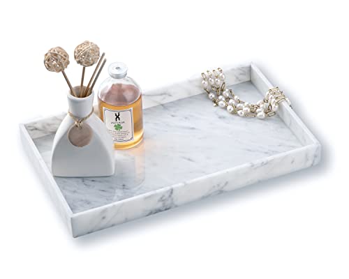 PHINILUX Italian Carrara Marble Vanity Tray with gold edges, 12x7 inches. Ideal for bathroom, kitchen, and coffee table use, featuring a sleek design for organizing and serving