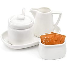 ZENFUN 4-piece white porcelain creamer and sugar set including sugar bowl with lid, cream pitcher, sweetener holder, and saucer, ideal for coffee and tea serving.