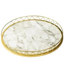 Elegant round tray with a marble pattern, made of durable iron, perfect for serving tea, coffee, desserts, or for use as a decorative piece.