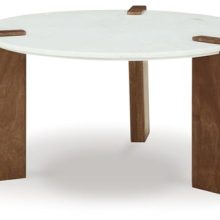 Signature Design by Ashley Isanti Round Coffee Table with White Marble Top and Light Brown Mango Wood Base - Modern Natural Beauty