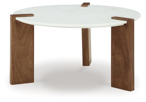 Signature Design by Ashley Isanti Round Coffee Table with White Marble Top and Light Brown Mango Wood Base - Modern Natural Beauty