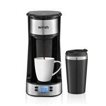 Compact black single serve coffee maker with a 14 oz stainless steel travel mug, featuring a programmable timer and reusable mesh filter for eco-friendly brewing. Ideal for small spaces and on-the-go coffee lovers.