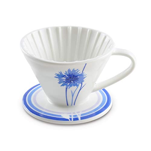 Blue Brew Ceramic Pour Over Coffee Dripper with Floral Embossing, Ideal for Home, Office, and Travel Brewing 